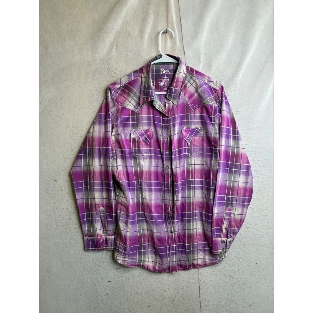 Wrangler Rock 47 Womens XL Purple Plaid Rhinestone Western Snap Front Shirt 9098